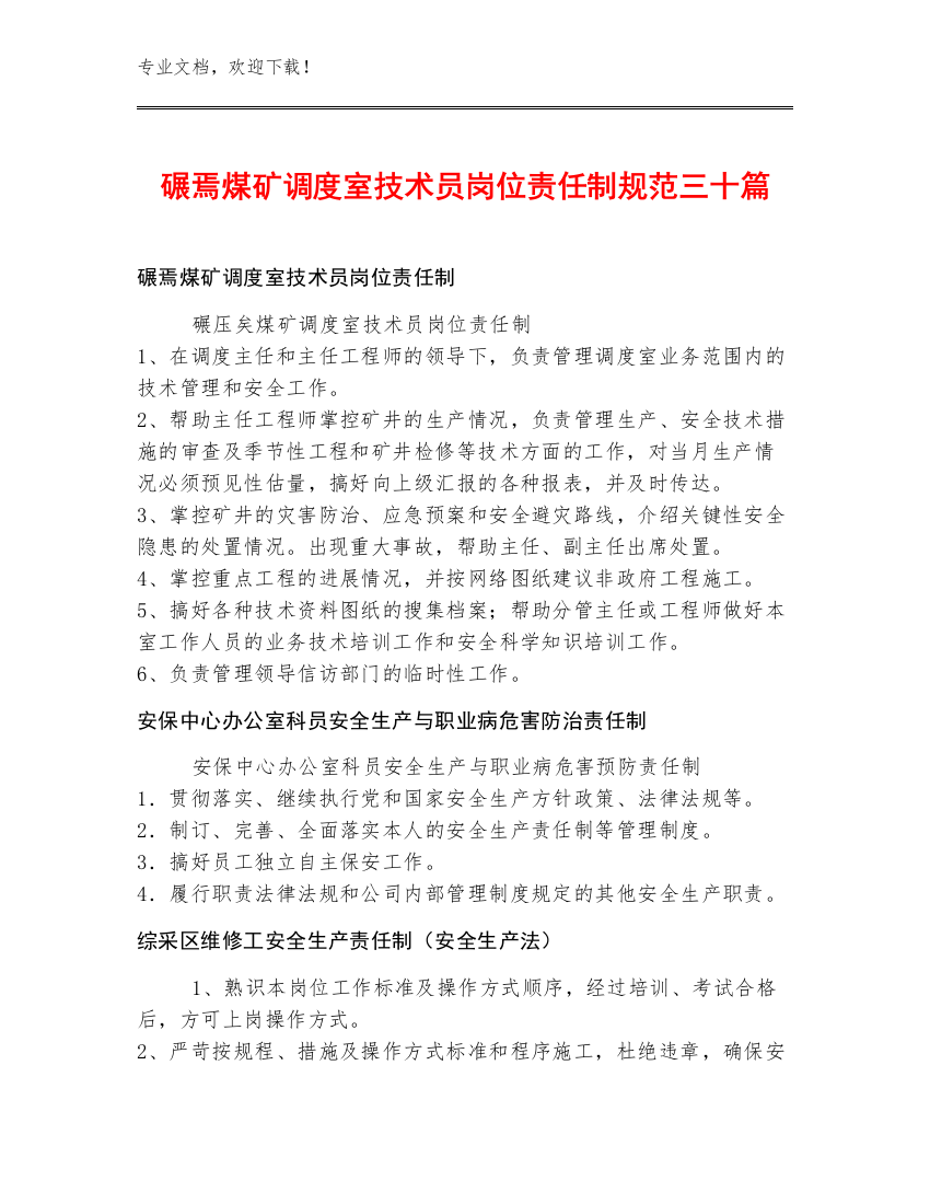 碾焉煤矿调度室技术员岗位责任制规范三十篇