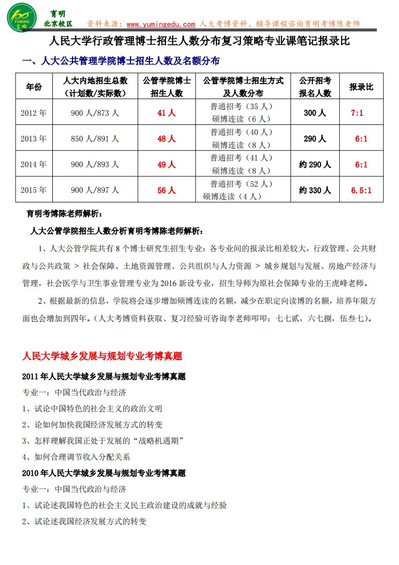 人大行政管理专业考博真题高分复习资料复习规划指导在读硕士经验-育明教育