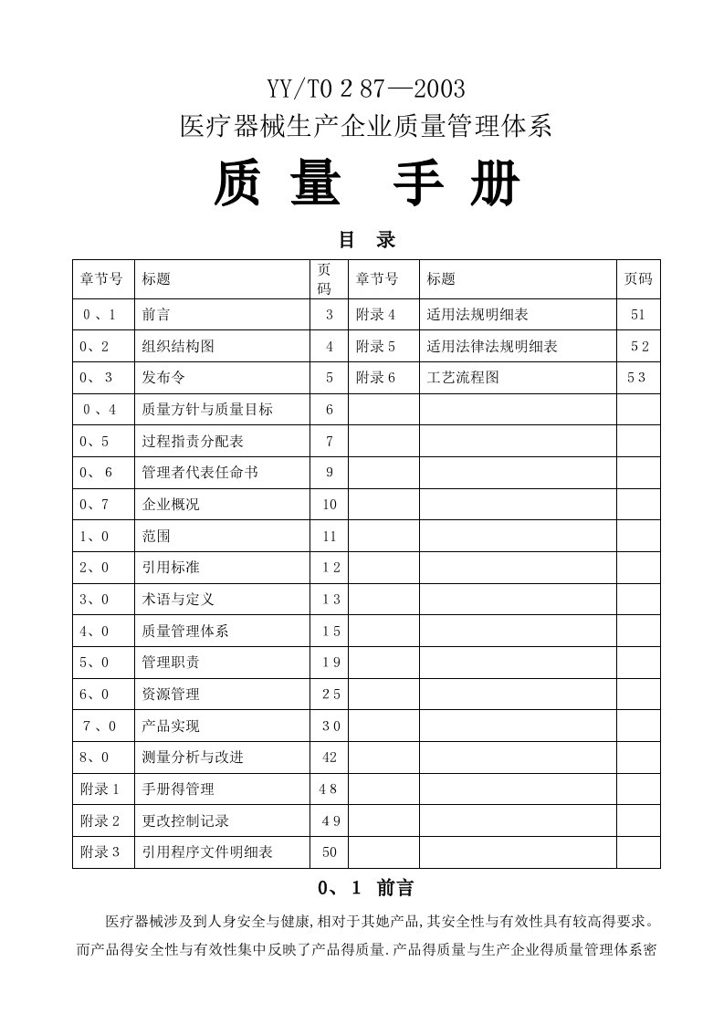 YYT0287-2003医疗器械质量手册