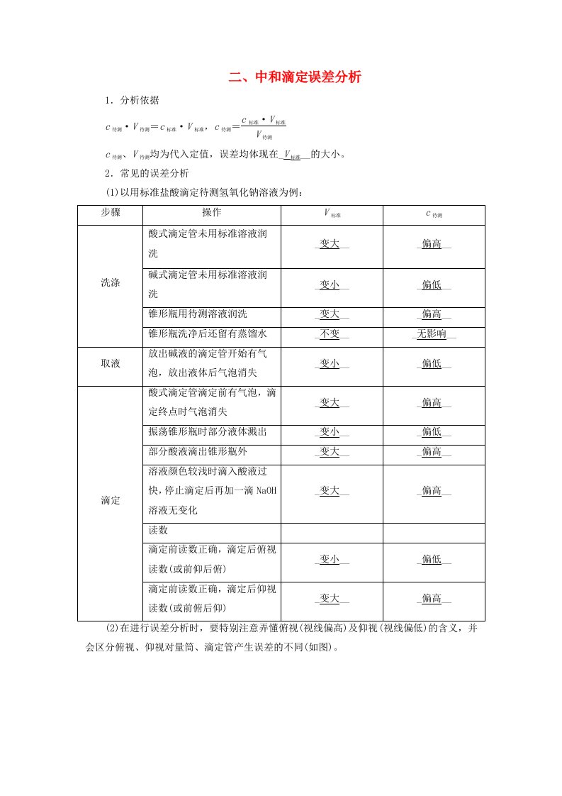 2025版新教材高中化学第3章水溶液中的离子反应与平衡第2节水的电离和溶液的pH第4课时酸碱中和滴定二中和滴定误差分析学生用书新人教版选择性必修1