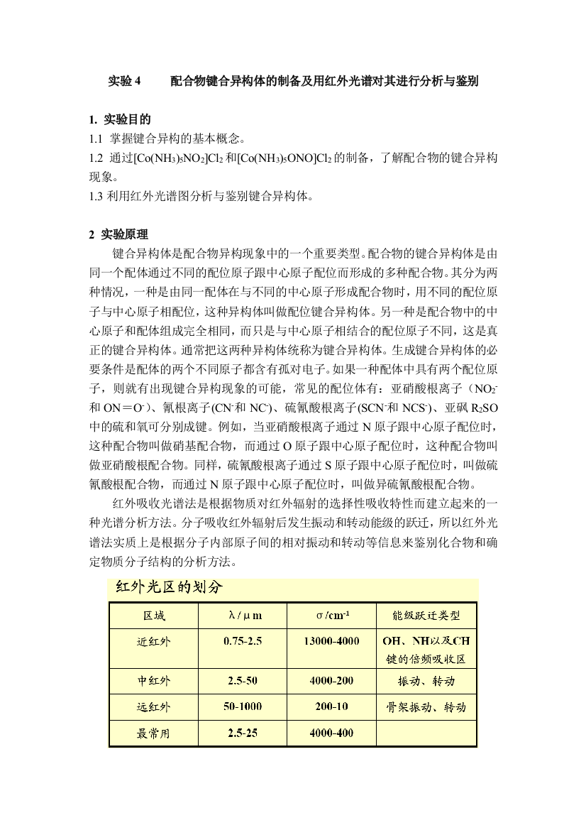 2017试验配合物键合异构体的制备及用红外光谱对其进行分析与鉴别