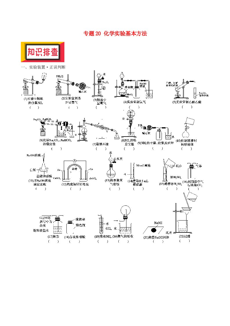 备考高考化学150天全方案之排查补漏提高专题20化学实验基本方法讲义