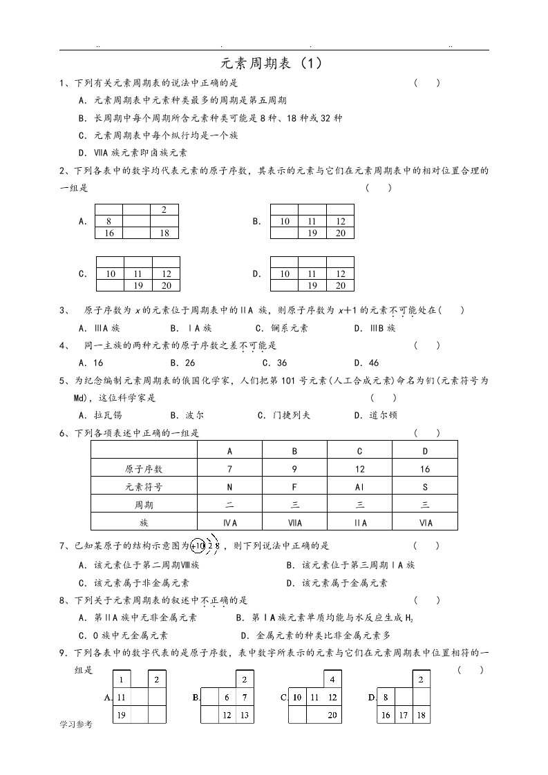 元素周期表同步练习试题