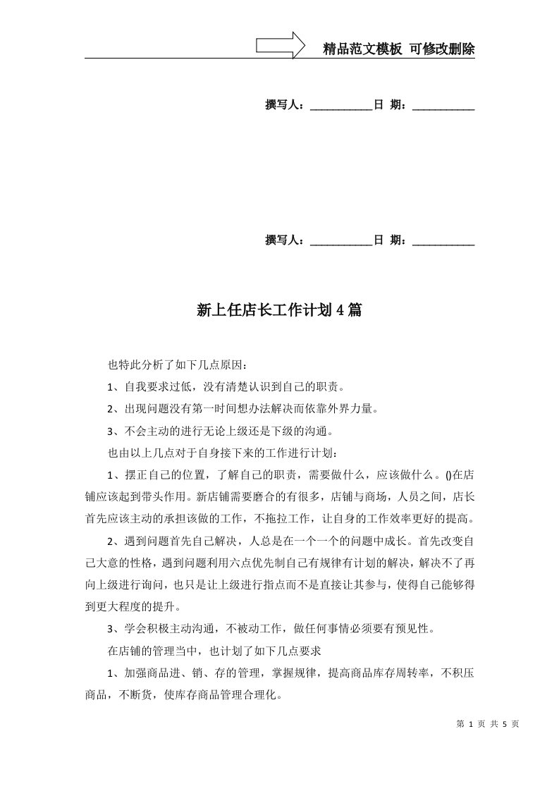 新上任店长工作计划4篇