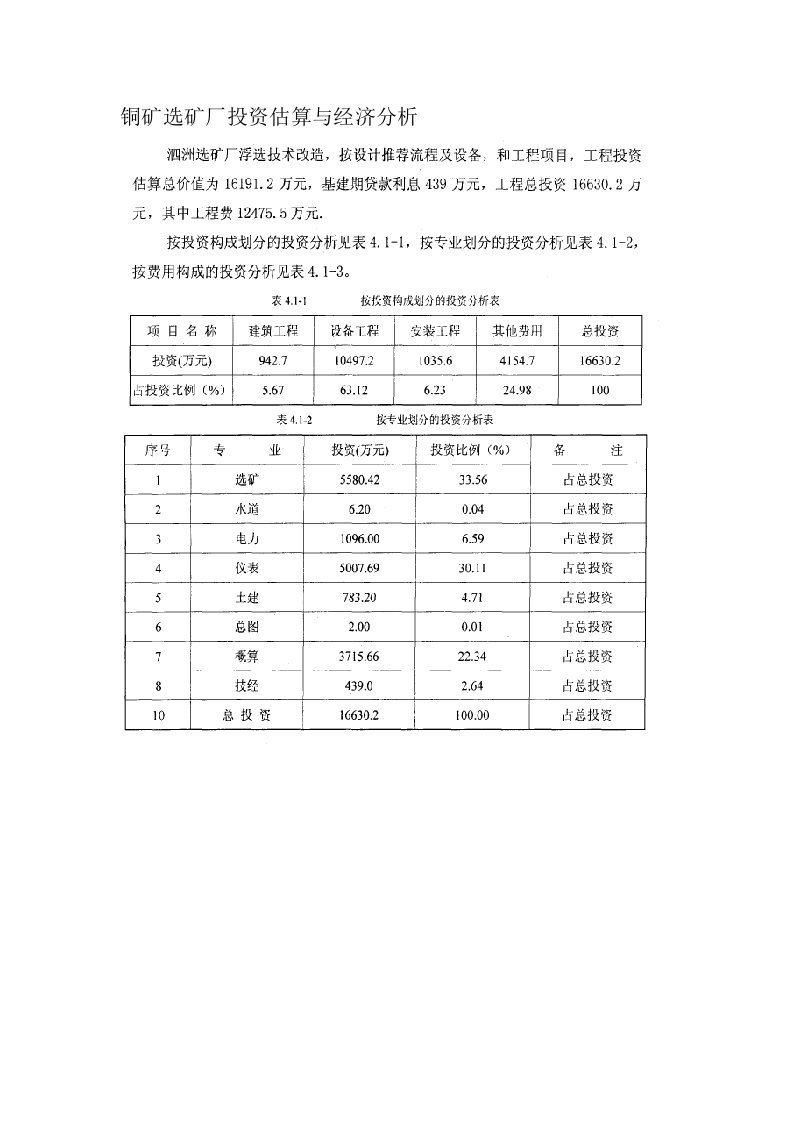 铜矿选矿厂投资估算与经济分析