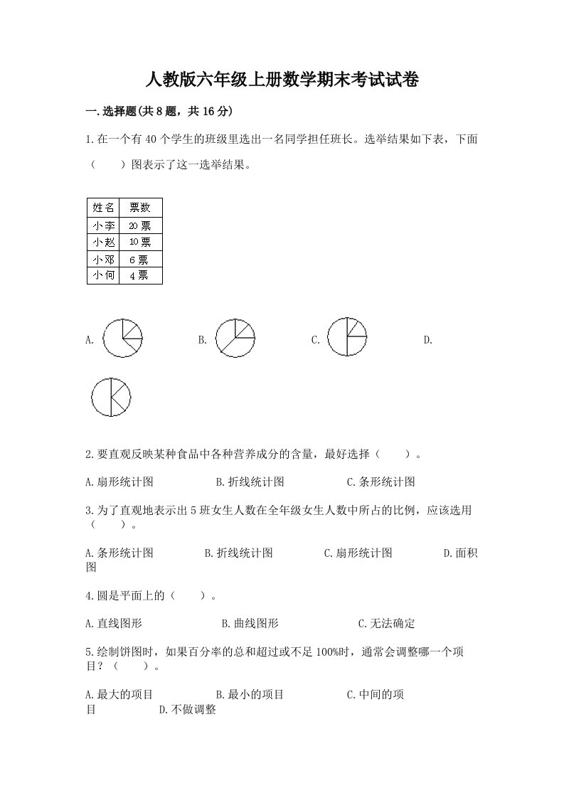 人教版六年级上册数学期末考试试卷【真题汇编】