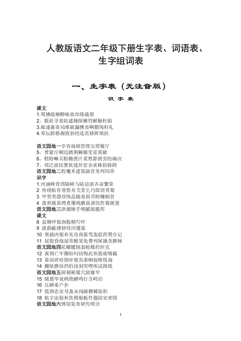 人教版语文二年级下册生字表、词语表、生字组词大全