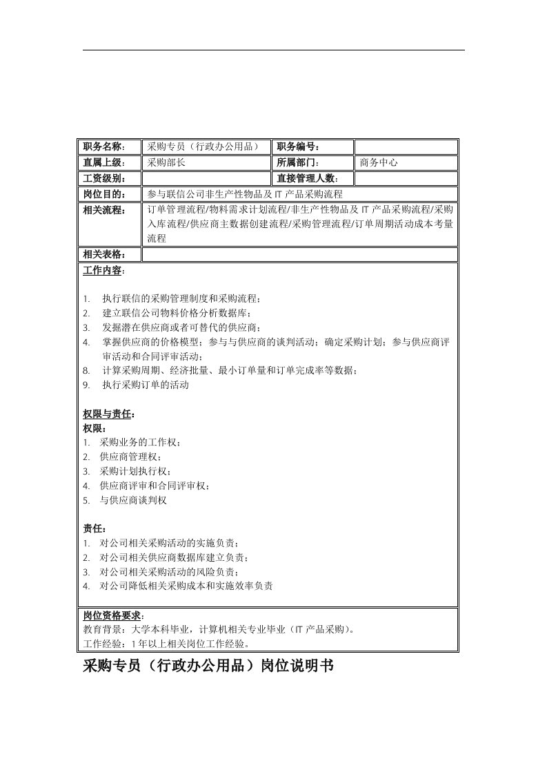 联信光电子公司采购专员(行政办公用品)岗位说明书