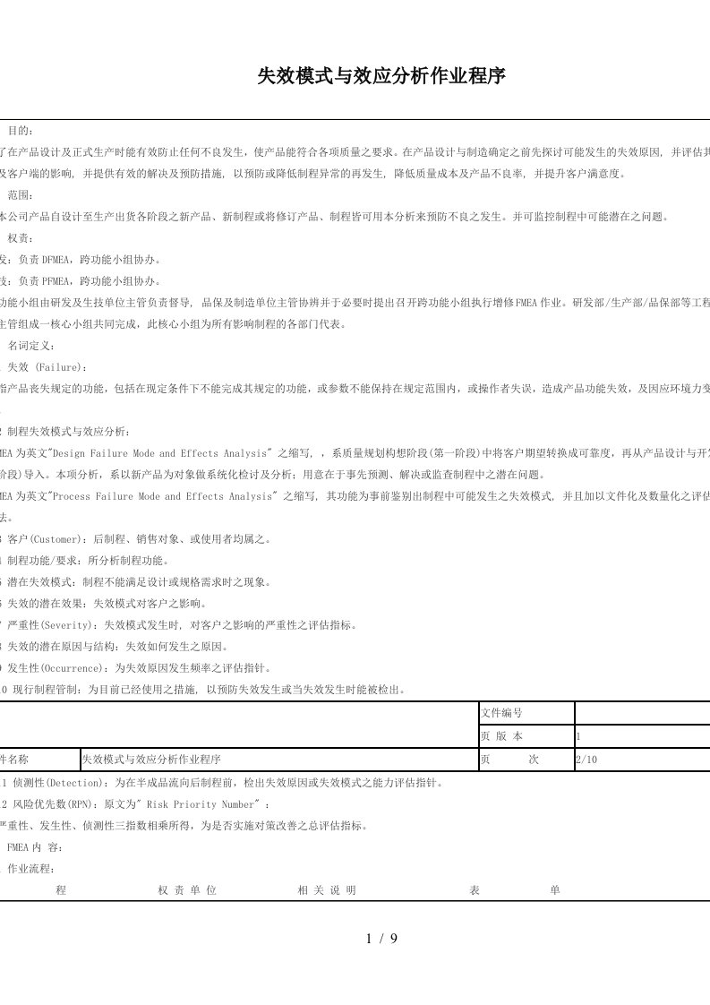 失效模式与效应分析作业程序