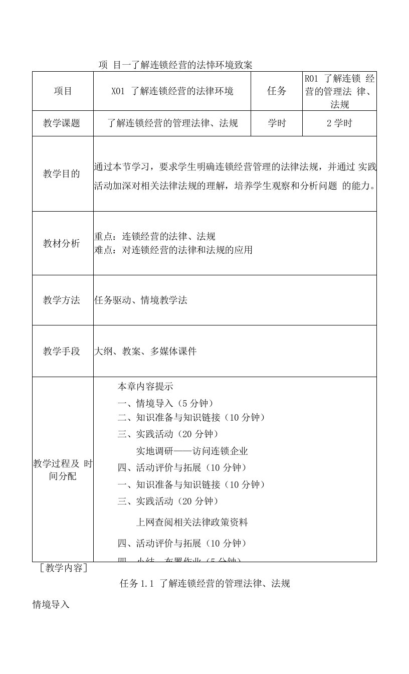 2022-2023学年(中职）连锁经营法律法规项目一了解连锁经营的法律环境教案电子教案