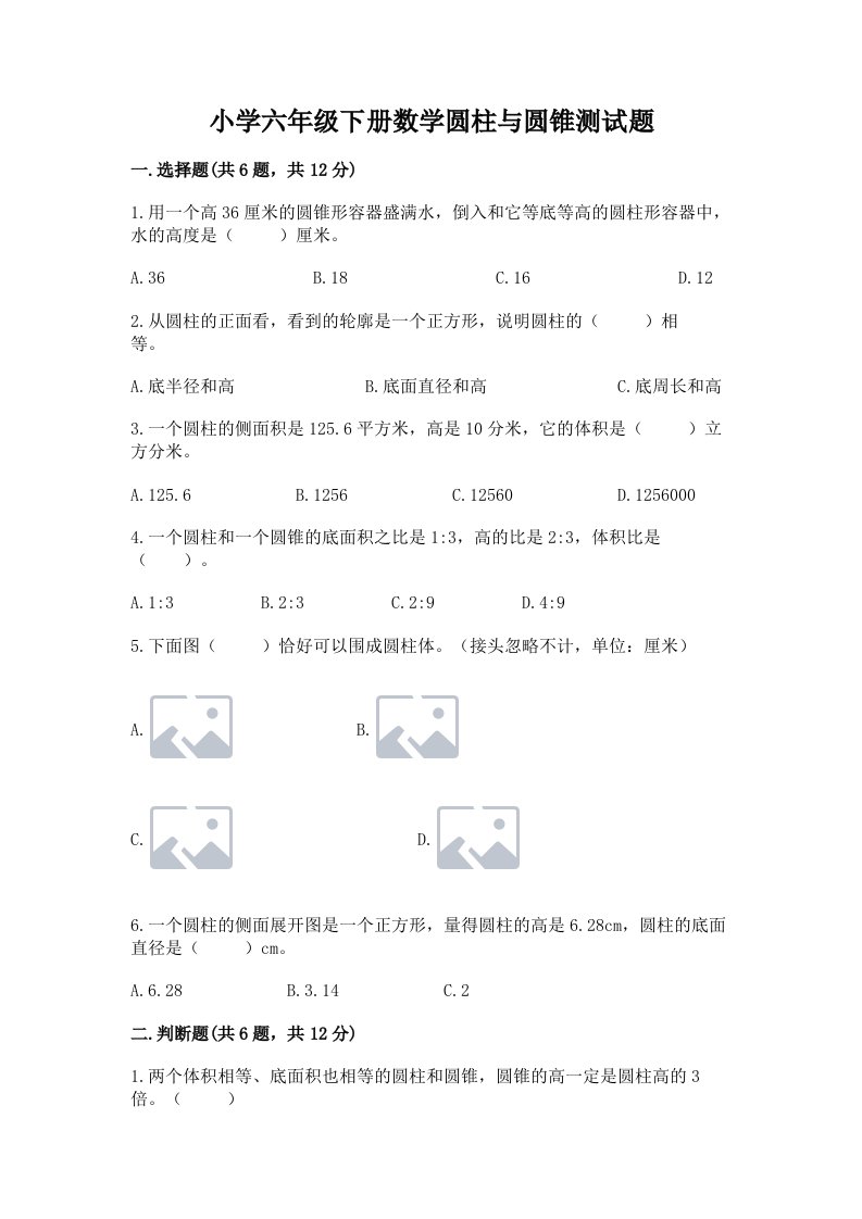 小学六年级下册数学圆柱与圆锥测试题精品加答案