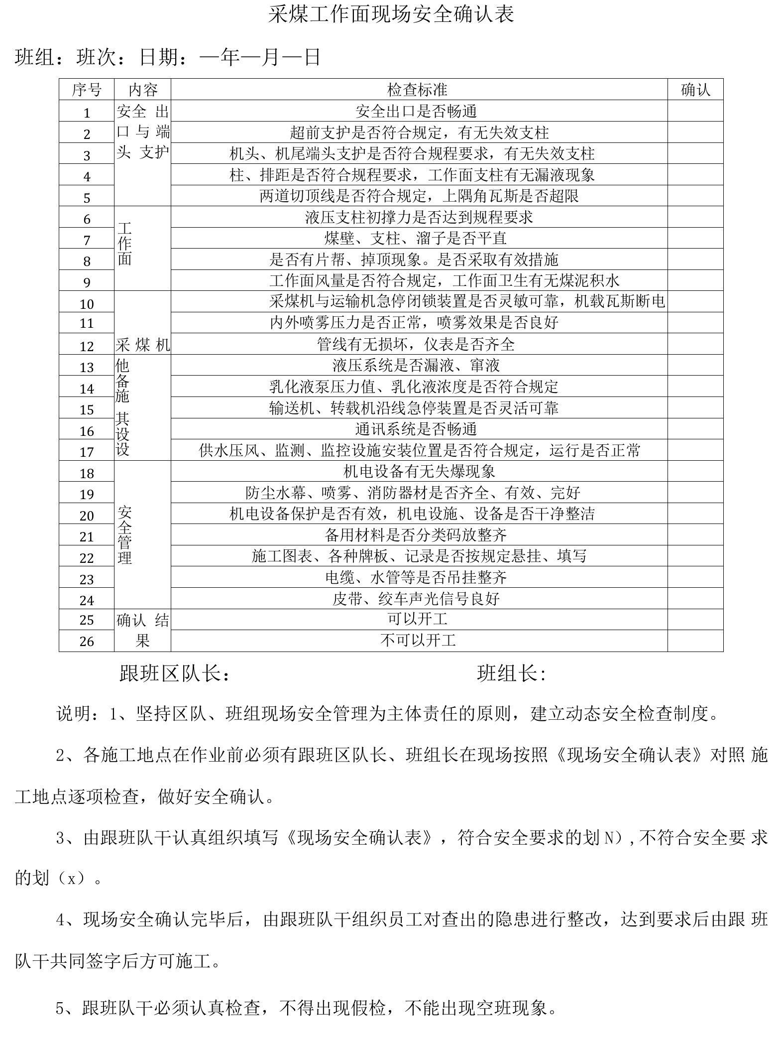 采掘工作面现场安全确认表(1)