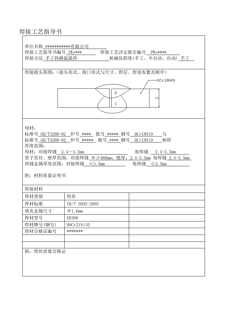 不锈钢手工钨极氩弧焊焊接工艺评定样表0