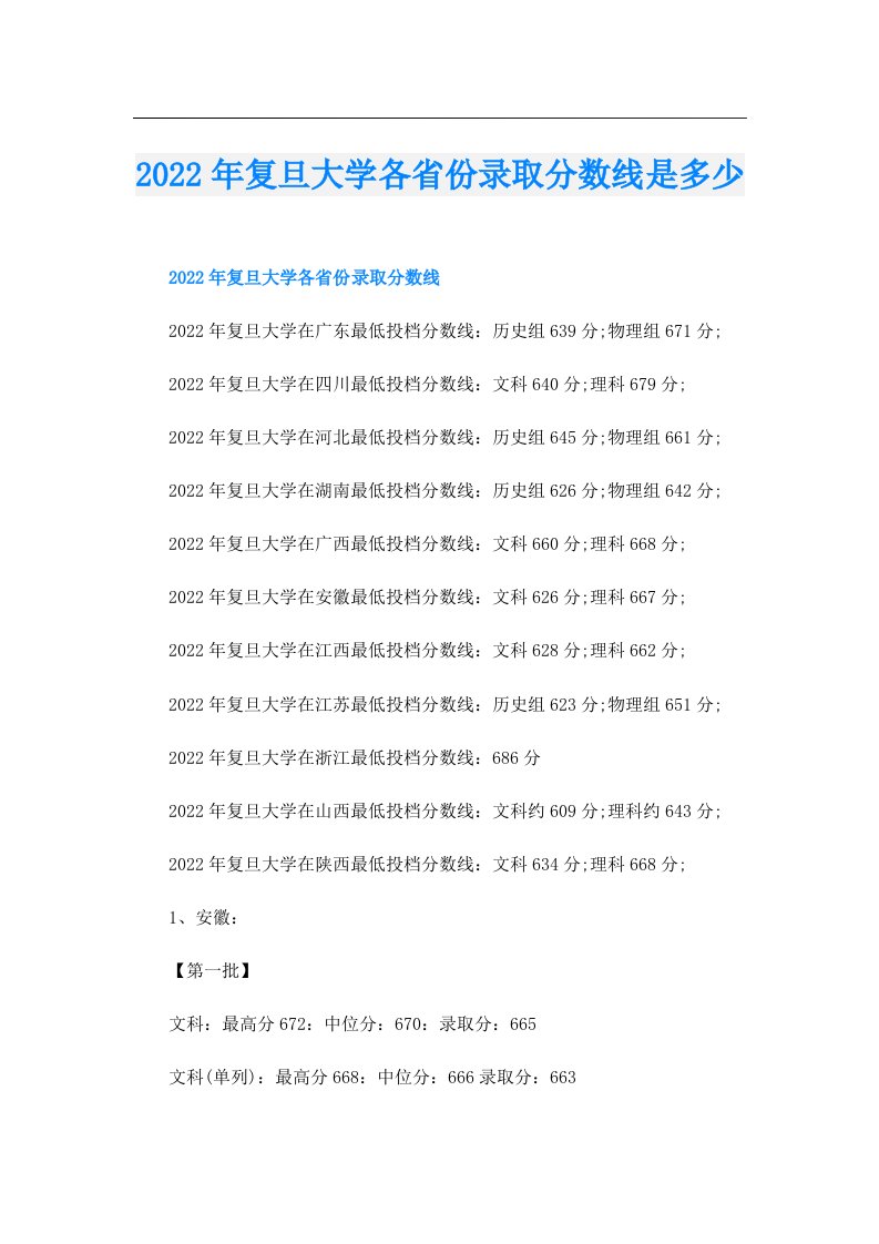 复旦大学各省份录取分数线是多少