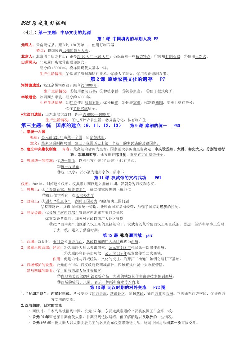 重庆初2015级中考历史复习提纲(考试范围)