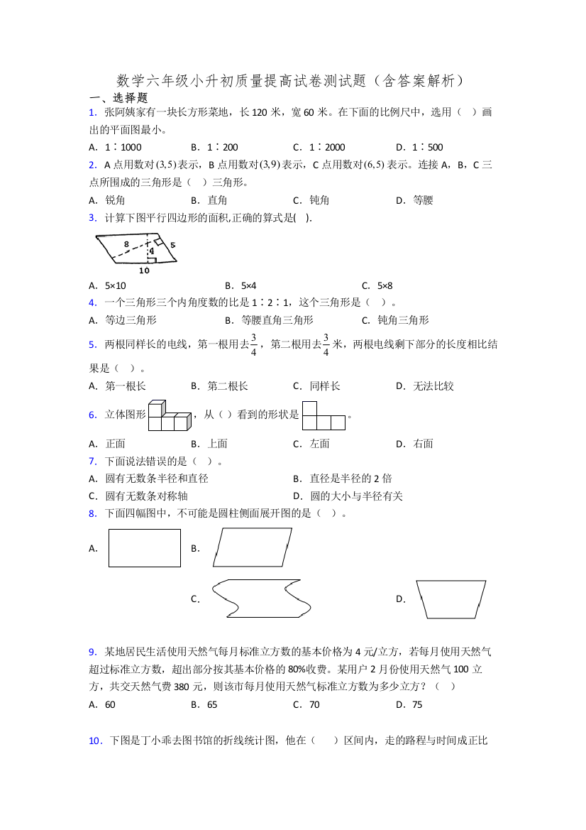 数学六年级小升初质量提高试卷测试题(含答案解析)