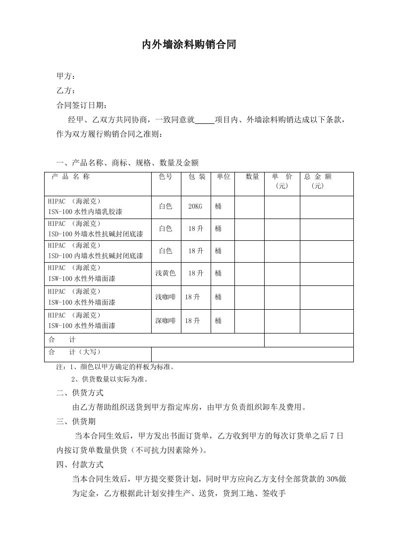 涂料购销合同范本