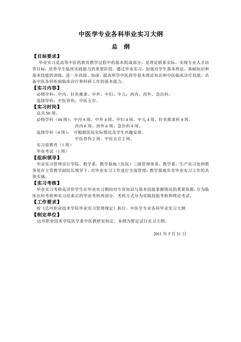 中医学专业各科毕业实习大纲