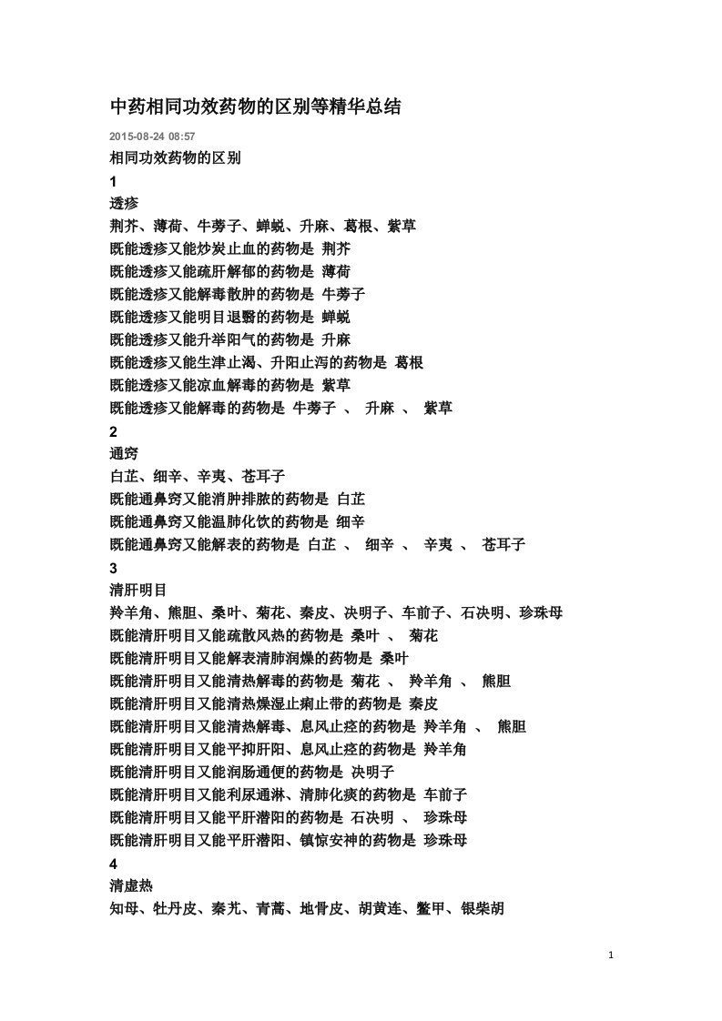 中药相同功效药物的区别等精华总结