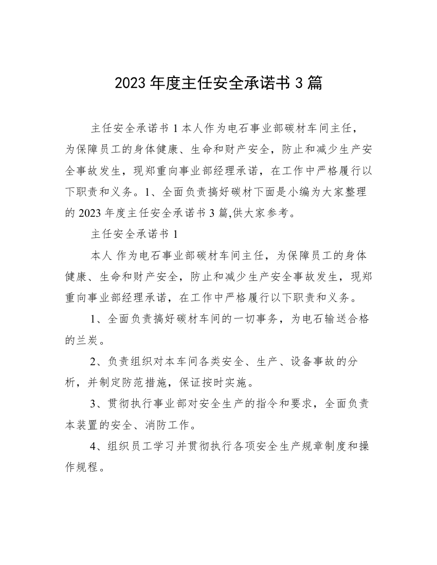 2023年度主任安全承诺书3篇