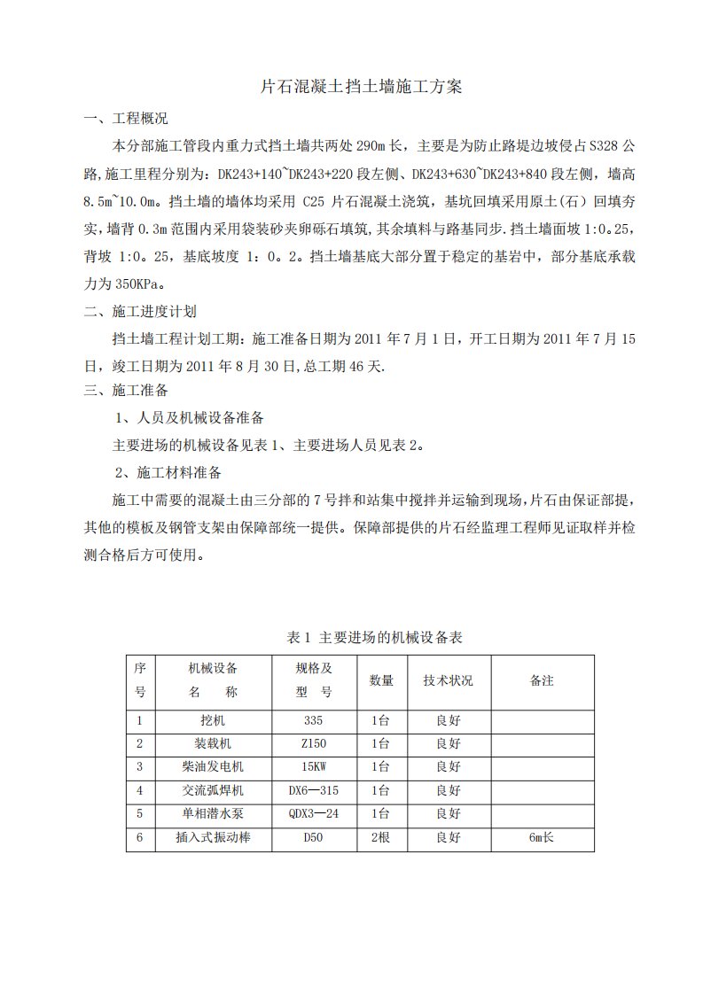 片石混凝土挡墙施工方案完整