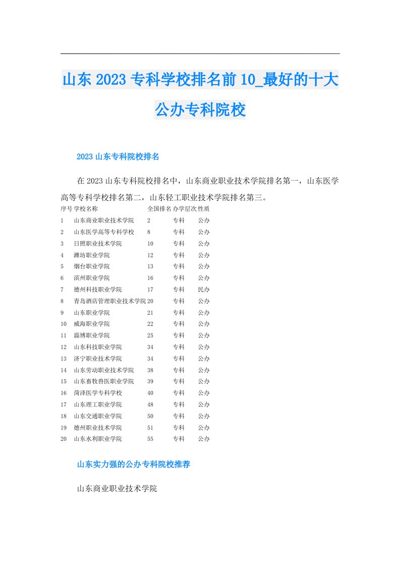 山东专科学校排名前10_最好的十大公办专科院校