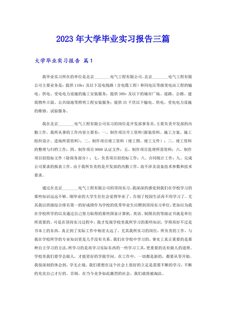 （word版）2023年大学毕业实习报告三篇