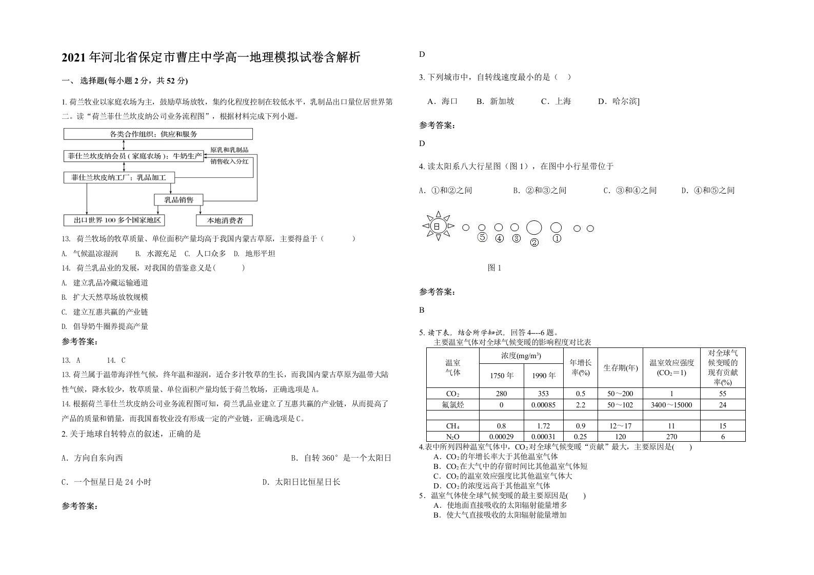 2021年河北省保定市曹庄中学高一地理模拟试卷含解析