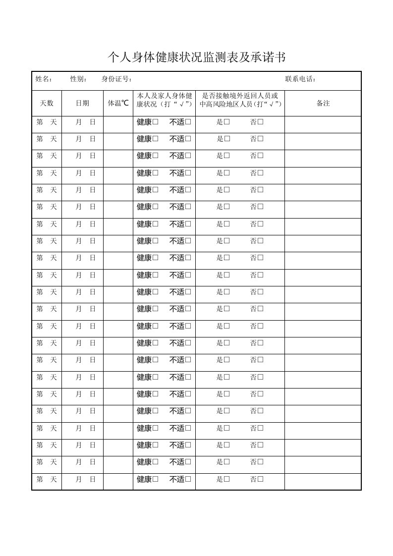 个人身体健康状况监测表及承诺书