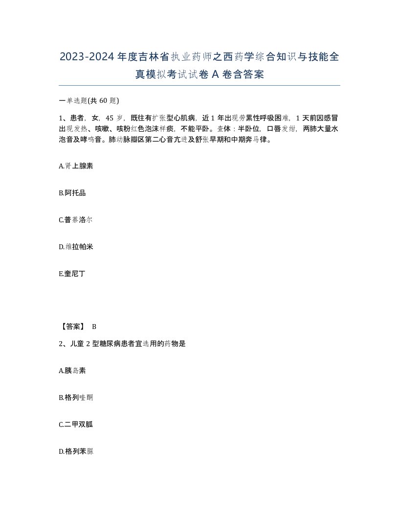 2023-2024年度吉林省执业药师之西药学综合知识与技能全真模拟考试试卷A卷含答案