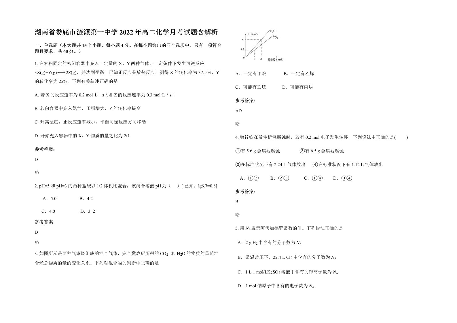 湖南省娄底市涟源第一中学2022年高二化学月考试题含解析