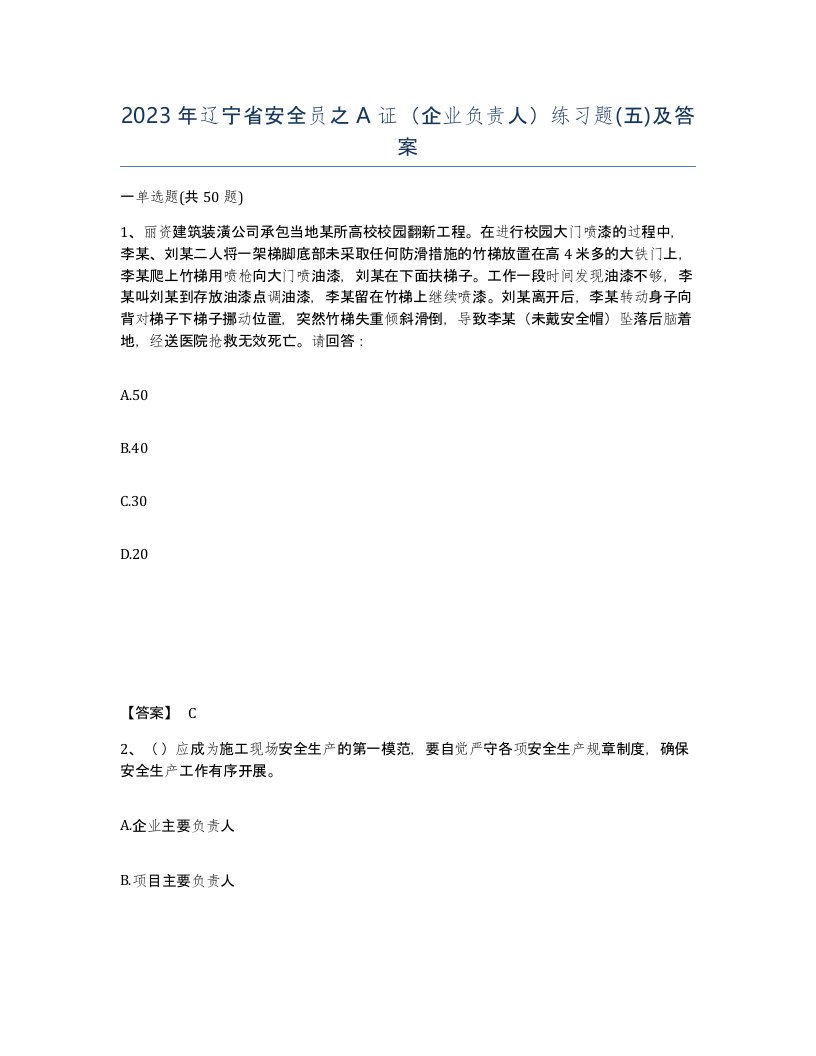 2023年辽宁省安全员之A证企业负责人练习题五及答案