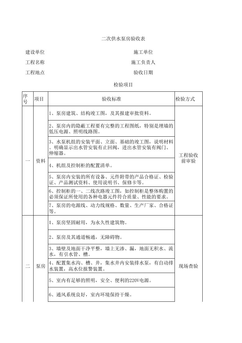 二次供水泵房验收表