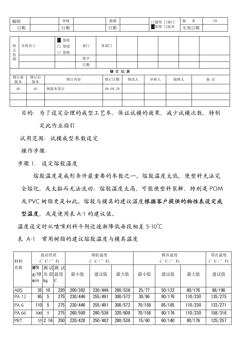 试模成型参数设定操作指引