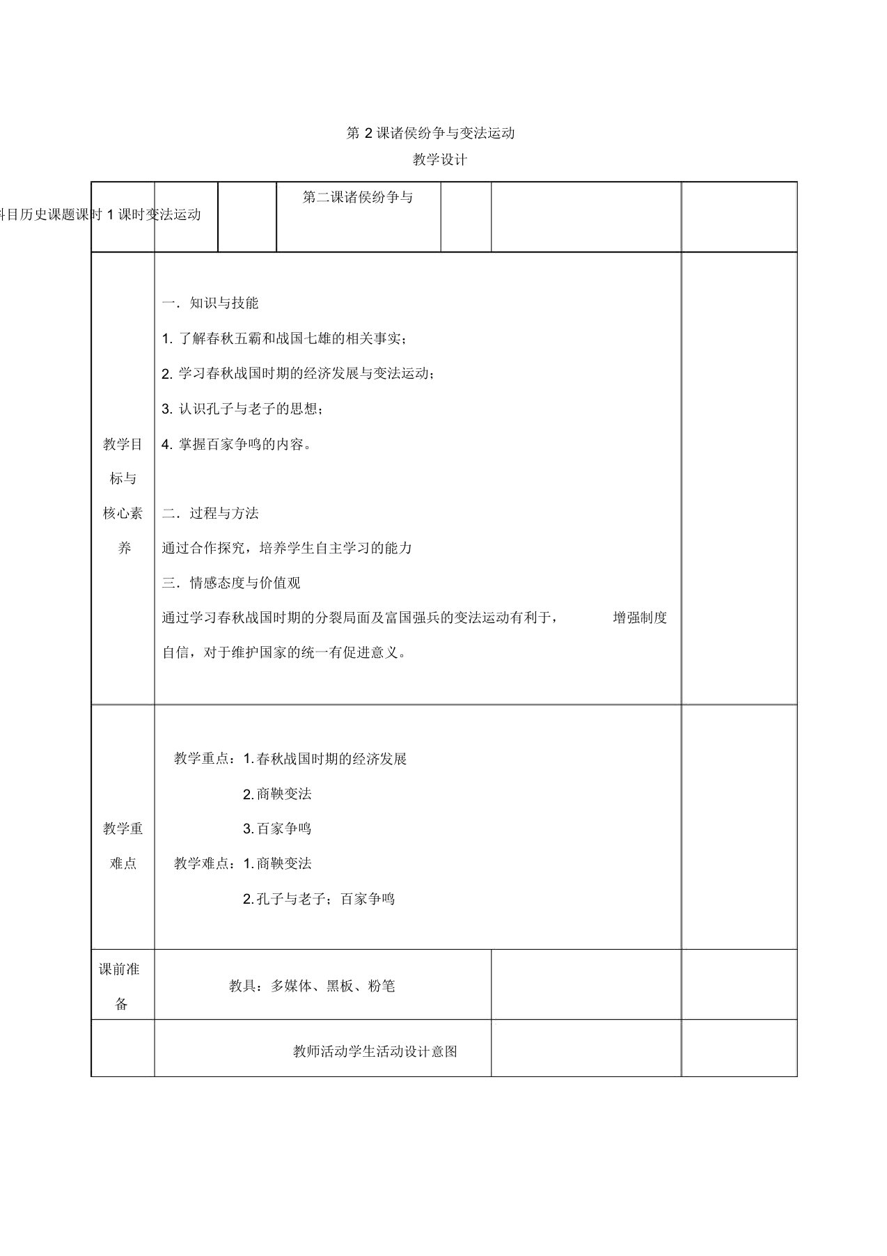 学年高历史部编版2019教案第2课诸侯纷争与变法运动