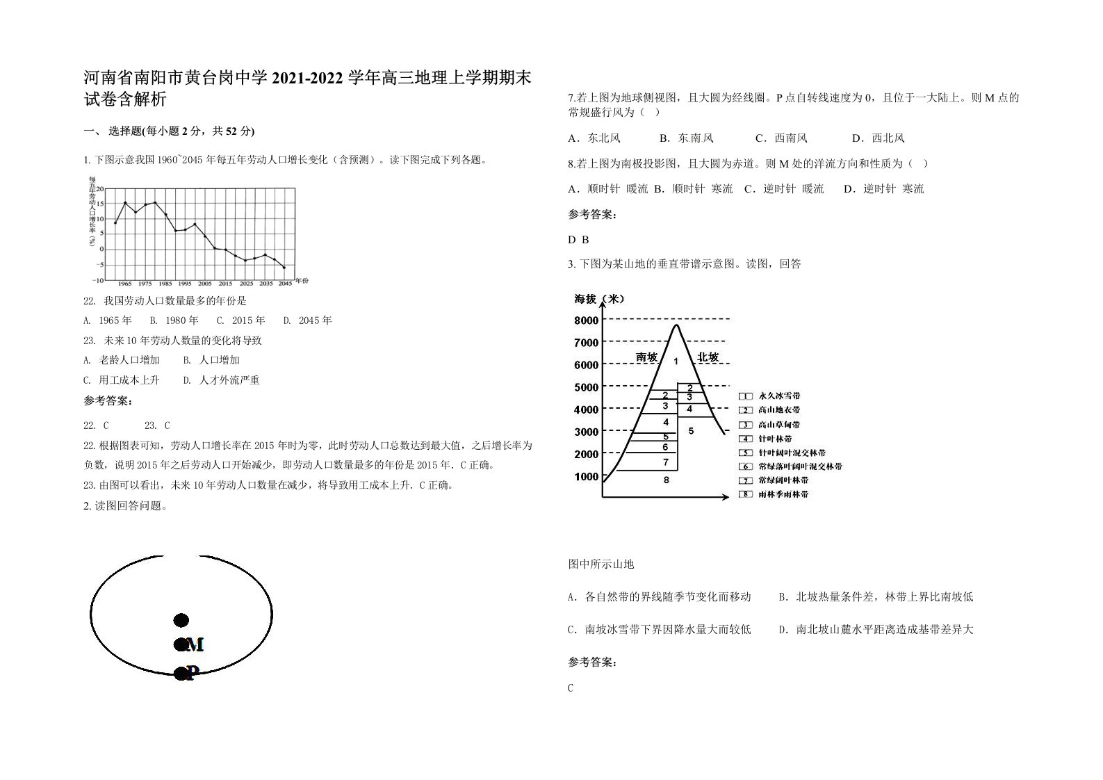 河南省南阳市黄台岗中学2021-2022学年高三地理上学期期末试卷含解析