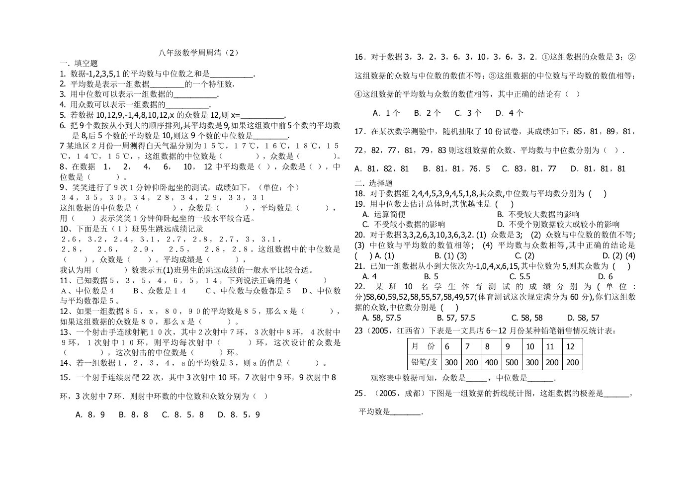 八年级数学平均数、众数、中位数习题