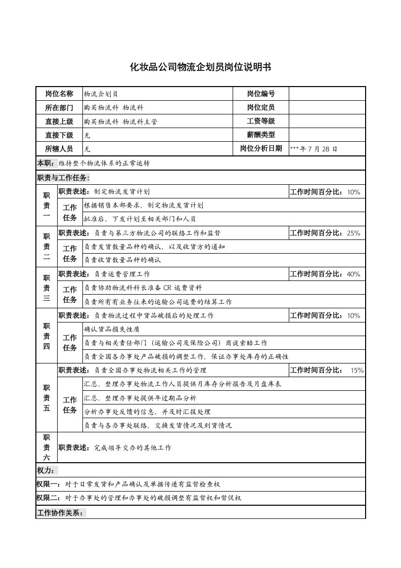 精选化妆品公司物流企划员岗位说明书