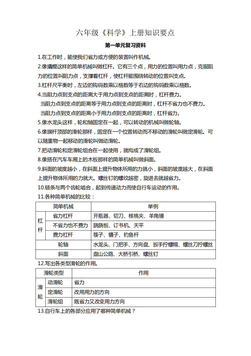 人教版小学六年级《科学》全册知识点汇总