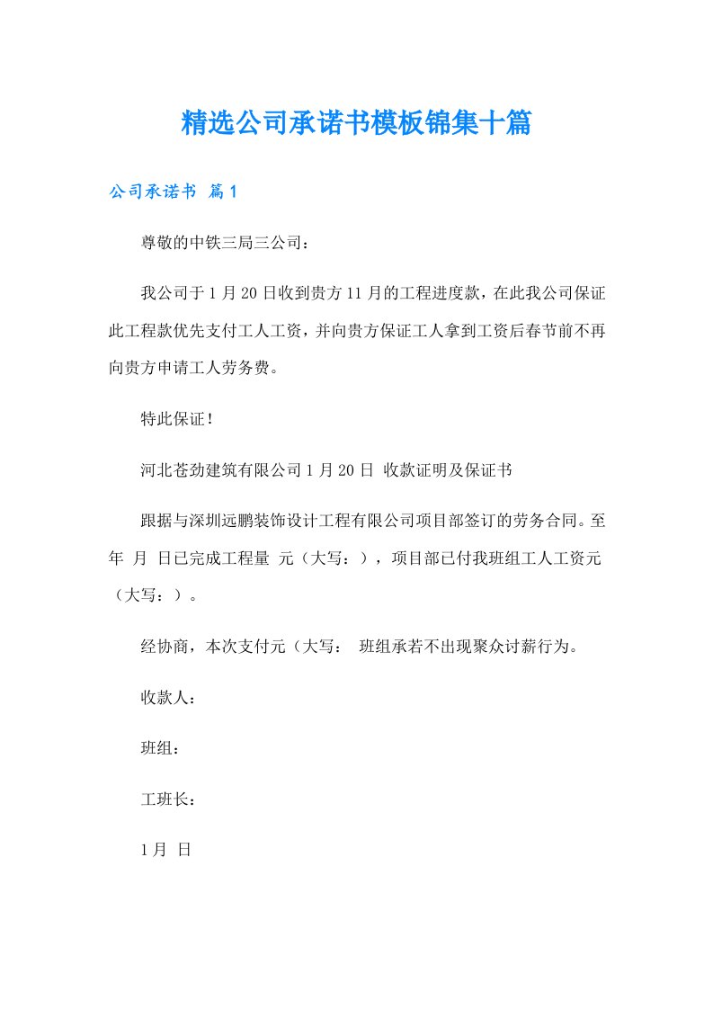 精选公司承诺书模板锦集十篇