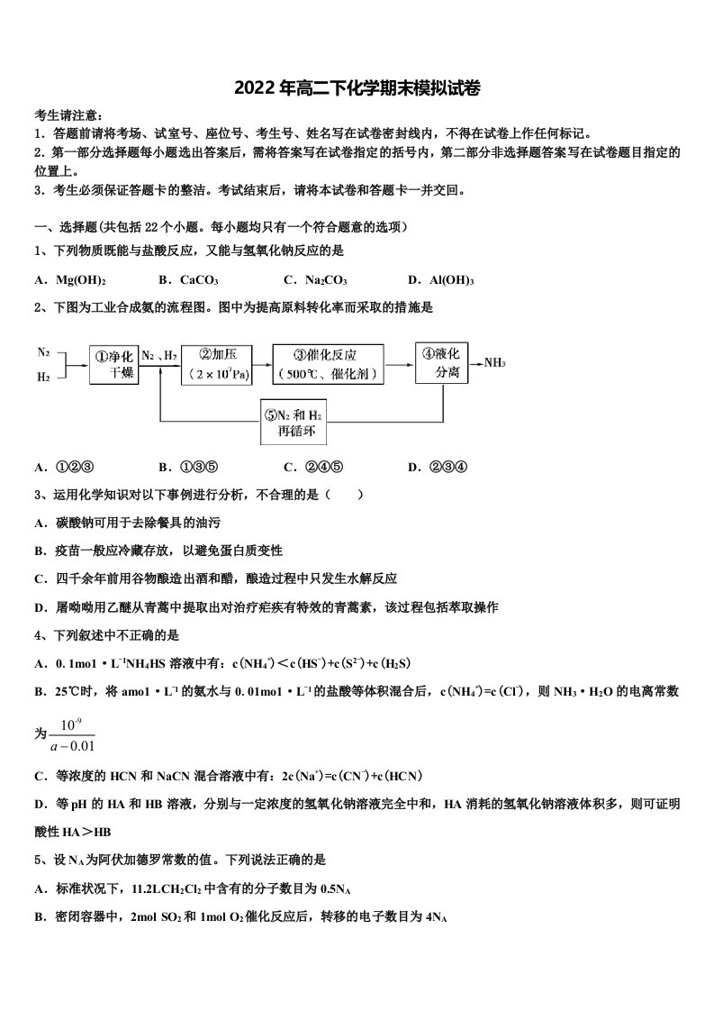 2022届湖南省邵阳市化学高二下期末学业质量监测试题含解析