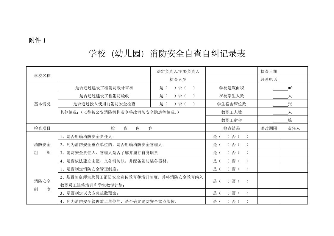 学校(幼儿园)消防安全自查自纠记录表