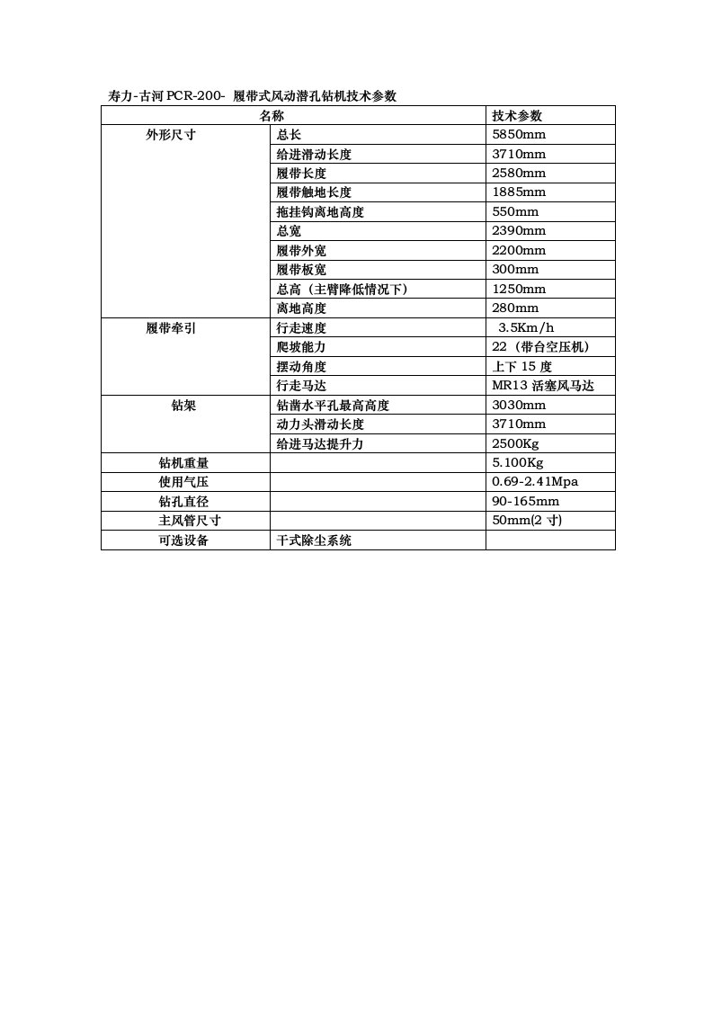 寿力-古河pcr-200-履带式风动潜孔钻机技术参数