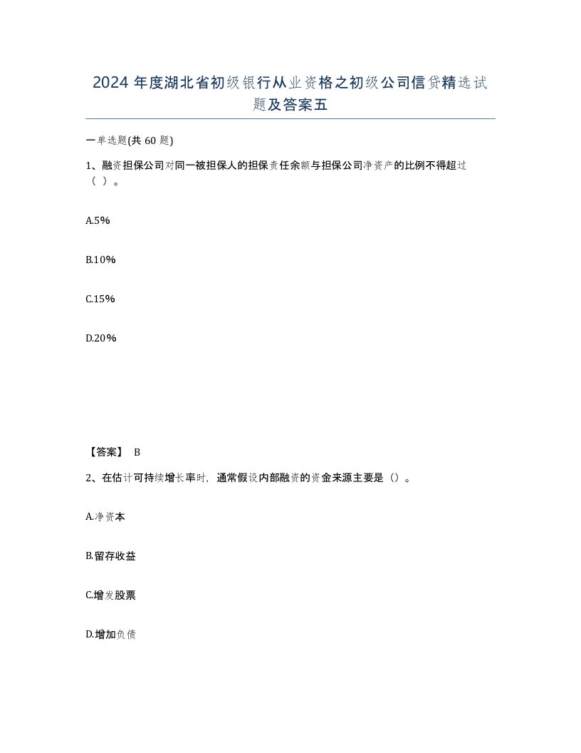 2024年度湖北省初级银行从业资格之初级公司信贷试题及答案五