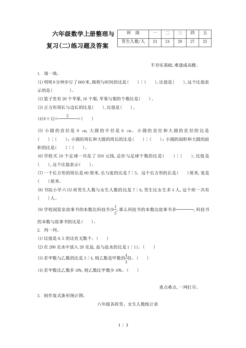 六年级数学上册整理与复习(二)练习题及答案