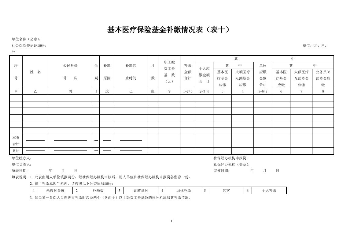 基本医疗保险基金补缴情况表(表十)