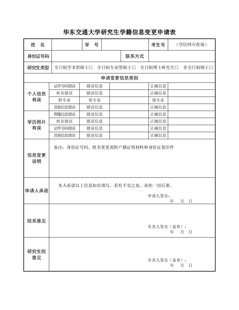 华东交通大学研究生学籍信息变更申请表