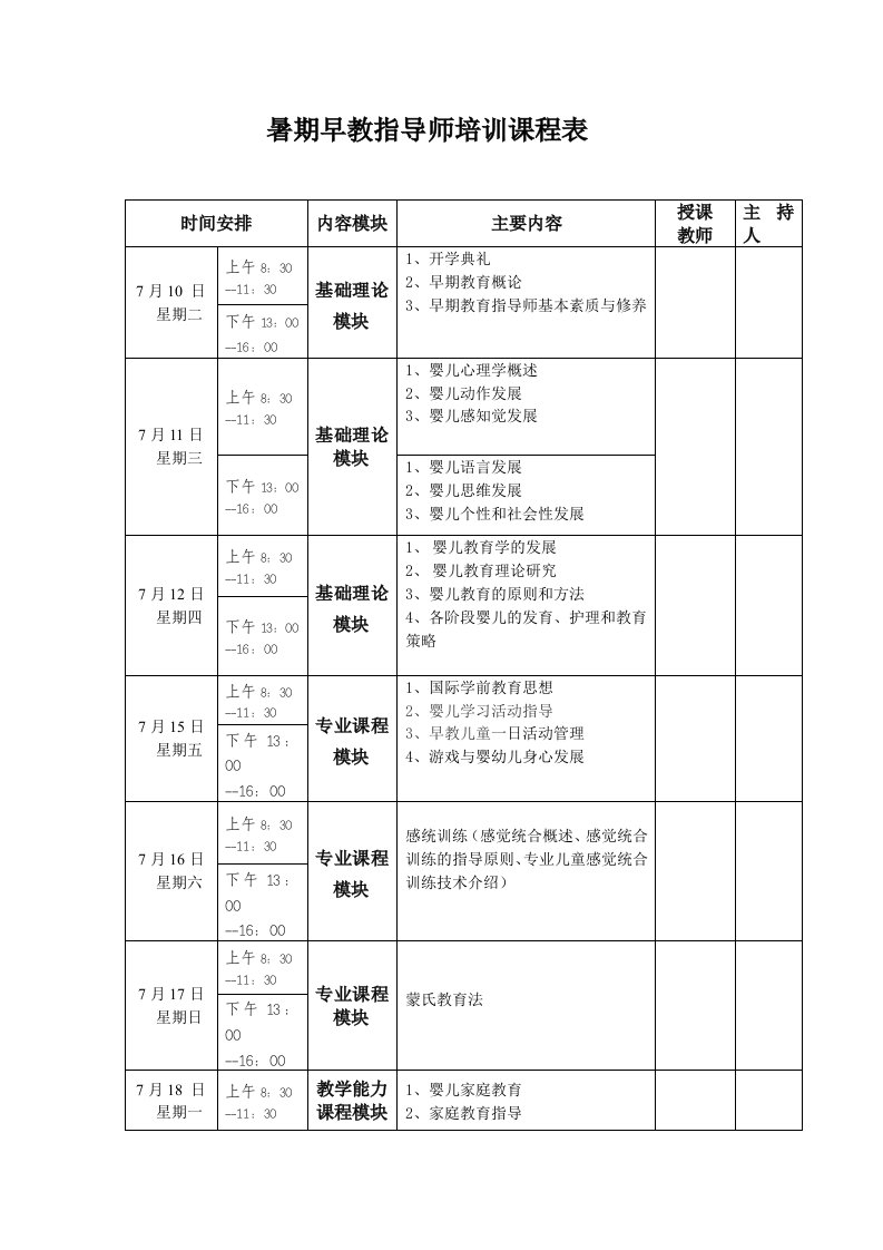 早教指导师培训课程表1