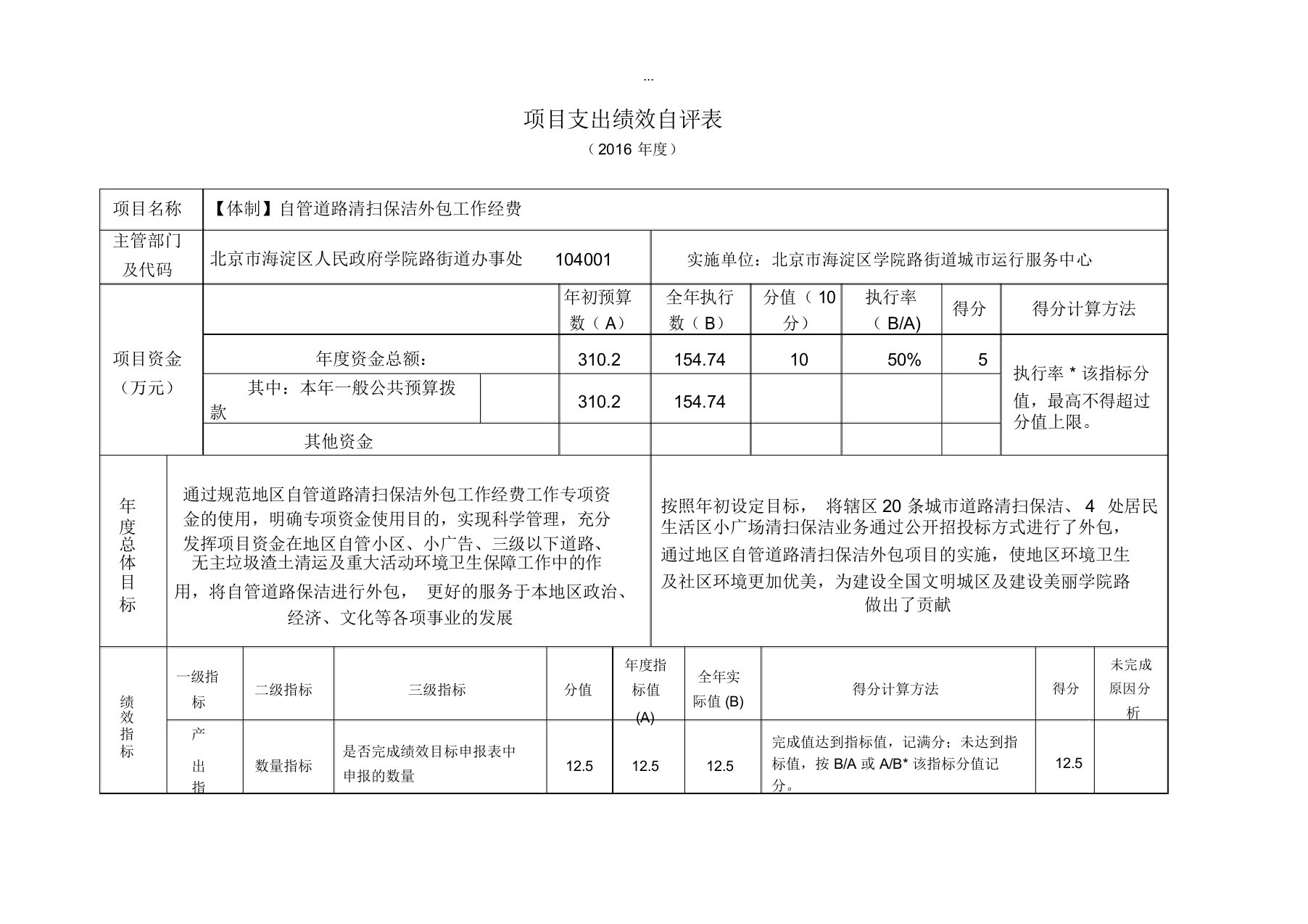 项目支出绩效自评表