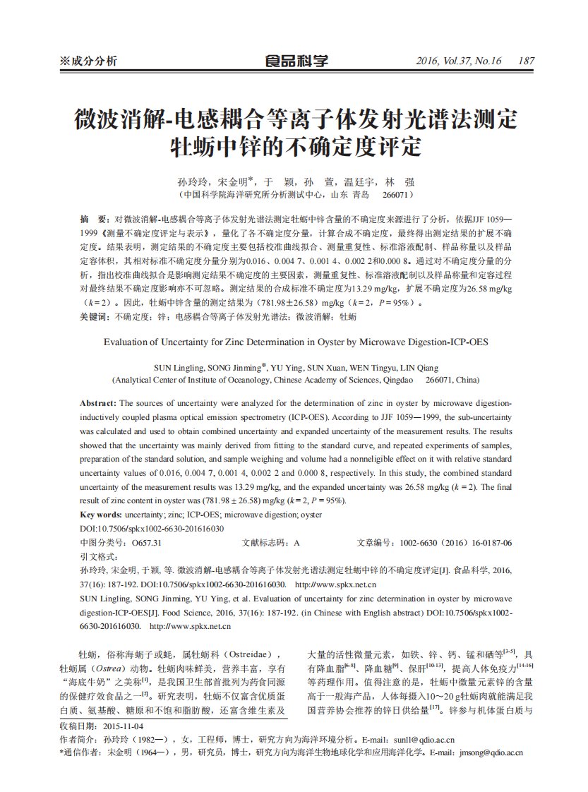 微波消解-电感耦合等离子体发射光谱法测定牡蛎中锌的不确定度评定